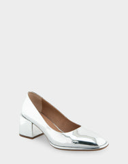 Alae Silver Mirror Metallic Faux Leather Soft Square Toe Block Heel Pump