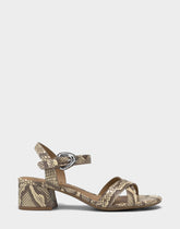 Women's Heeled Sandal in Pale Yellow Faux Snake Print