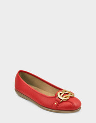 Big Bet Red Faux Leather Ballet Flat with Gold Hardware