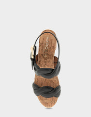 Comfortable Women's Platform Sandals in Black Leather/raffia
