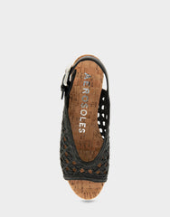Comfortable Women's Platform Sandals in Black Embroidered Raffia Fabric