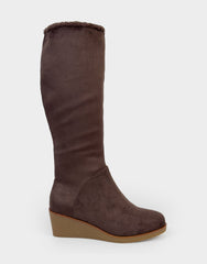 Comfortable Women's Wedge Boot In Brown Faux Suede