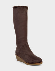 Comfortable Women's Wedge Boot In Brown Faux Suede