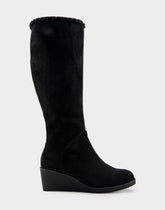 Comfortable Women's Faux Shearling Trimmed Knee High Wedge Boot in Black Faux Suede Faux Suede