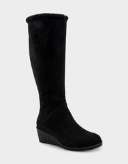 Comfortable Women's Faux Shearling Trimmed Knee High Wedge Boot in Black Faux Suede Faux Suede