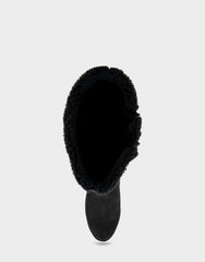 Comfortable Women's Faux Shearling Trimmed Knee High Wedge Boot in Black Faux Suede Faux Suede