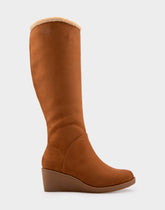Comfortable Women's Faux Shearling Trimmed Knee High Wedge Boot in Tobacco Faux Suede Faux Suede