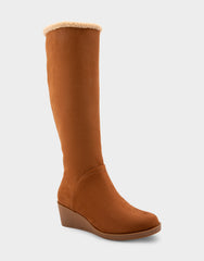 Comfortable Women's Faux Shearling Trimmed Knee High Wedge Boot in Tobacco Faux Suede Faux Suede