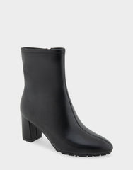 Comfortable Women's Mid Block Heel Bootie In Black Faux Leather