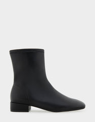 Comfortable Women's Low Block Heel Bootie In Black Faux Leather
