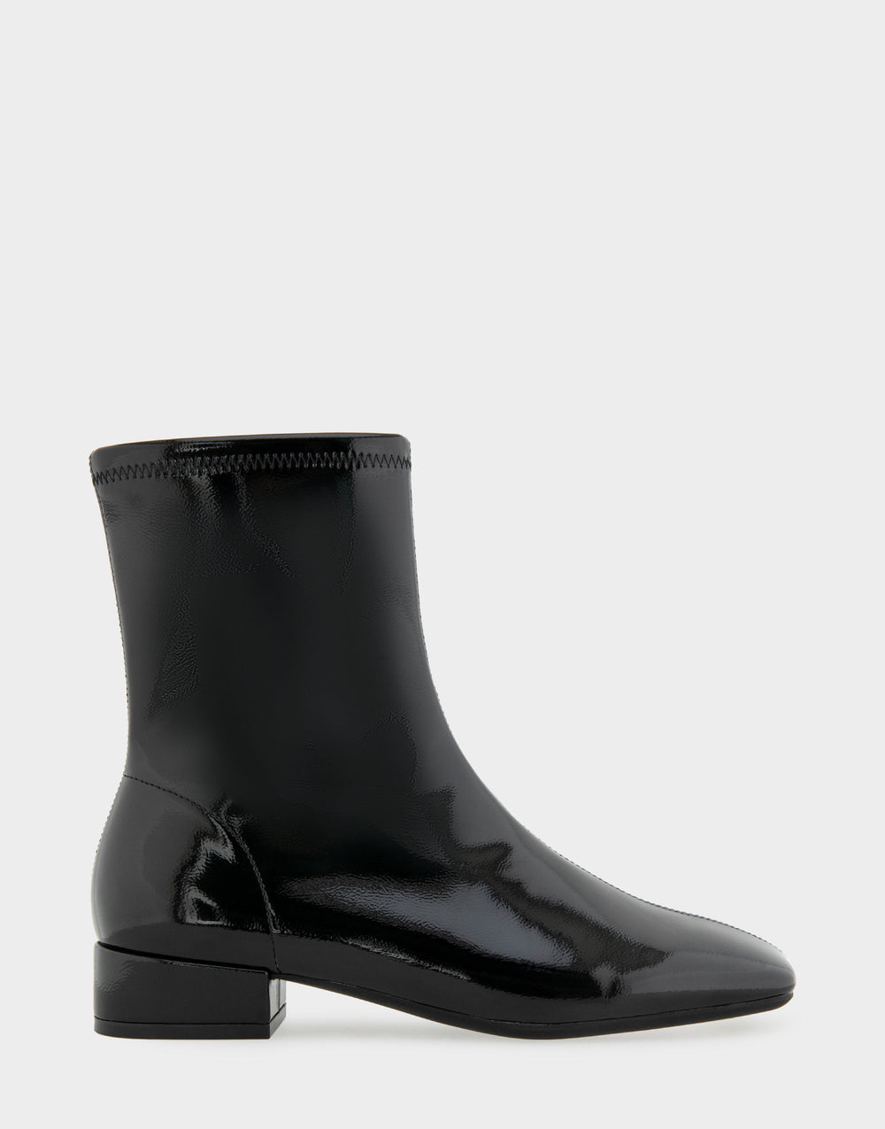 Comfortable Women's Low Block Heel Bootie In Black Patent Faux Leather