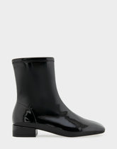 Comfortable Women's Low Block Heel Bootie In Black Patent Faux Leather