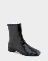 Comfortable Women's Low Block Heel Bootie In Black Patent Faux Leather