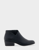 Comfortable Women's Asymmetrical Envelope Low Bootie in Black Faux Leather