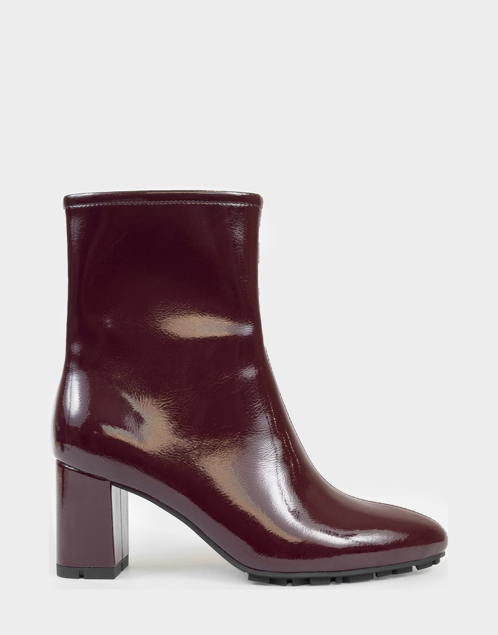 Comfortable Women's Mid Block Heel Bootie In Burgundy Patent Faux Leather