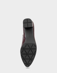 Comfortable Women's Mid Block Heel Bootie In Burgundy Patent Faux Leather