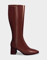 Comfortable Women's Mid Block Heel Boot In Burgundy Patent Faux Leather