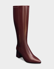 Comfortable Women's Mid Block Heel Boot In Burgundy Patent Faux Leather