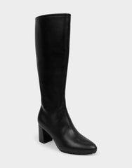 Comfortable Women's Mid Block Heel Boot In Black Faux Leather