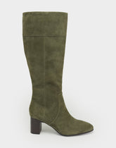 Comfortable Women's Mid Block Heel Boot In Green Suede
