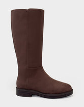 Comfortable Women's Low Block Heel Boot In Brown Faux Suede