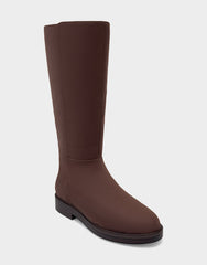 Comfortable Women's Low Block Heel Boot In Brown Faux Suede