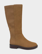 Comfortable Women's Low Block Heel Boot In Tan Faux Nubuck