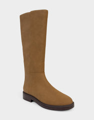 Comfortable Women's Low Block Heel Boot In Tan Faux Nubuck
