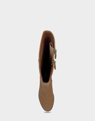 Comfortable Women's Low Block Heel Boot In Tan Faux Nubuck