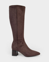 Comfortable Women's Mid Block Heel Boot In Brown Faux Suede