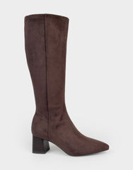Comfortable Women's Mid Block Heel Boot In Brown Faux Suede