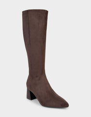 Comfortable Women's Mid Block Heel Boot In Brown Faux Suede