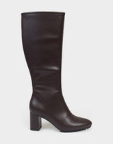 Comfortable Women's Mid Block Heel Boot In Brown Faux Leather