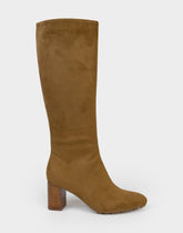 Comfortable Women's Mid Block Heel Boot In Brown Faux Suede