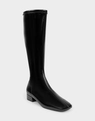 Comfortable Women's Low Block Heel Boot In Black Patent Faux Leather