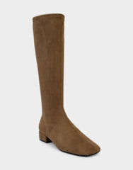 Comfortable Women's Low Block Heel Boot In Brown Faux Suede