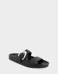 Comfortable Women's Footbed Sandals in Black Pebbled Leather