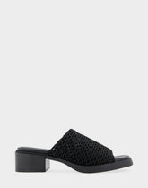 Comfortable Women's Knit Slip On Low Block Heel Sandal in Black Knit Fabric