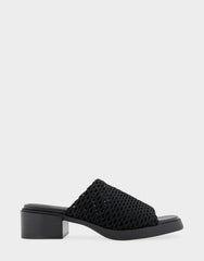 Comfortable Women's Knit Slip On Low Block Heel Sandal in Black Knit Fabric