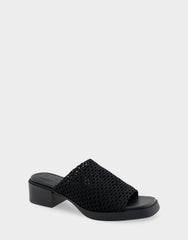 Comfortable Women's Knit Slip On Low Block Heel Sandal in Black Knit Fabric