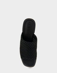 Comfortable Women's Knit Slip On Low Block Heel Sandal in Black Knit Fabric