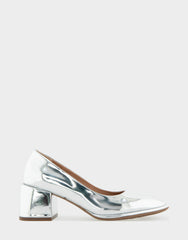 Alae Silver Mirror Metallic Faux Leather Soft Square Toe Block Heel Pump