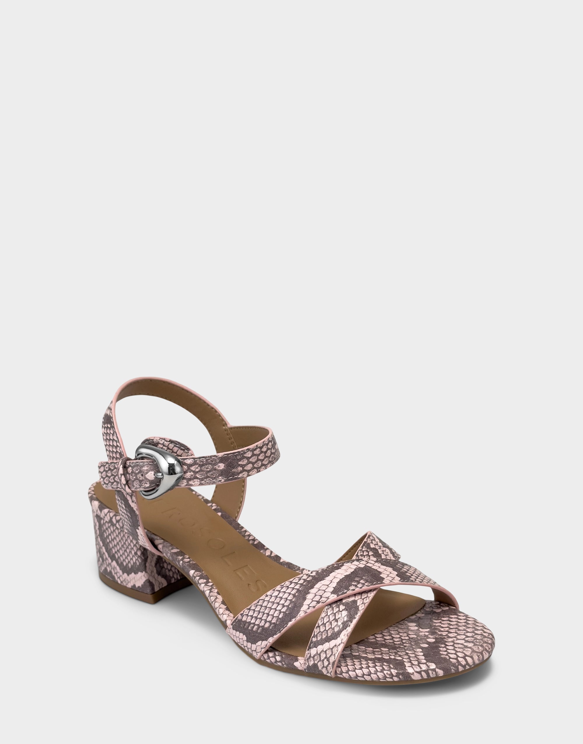 Women's Heeled Sandal in Pale Pink Faux Snake Print