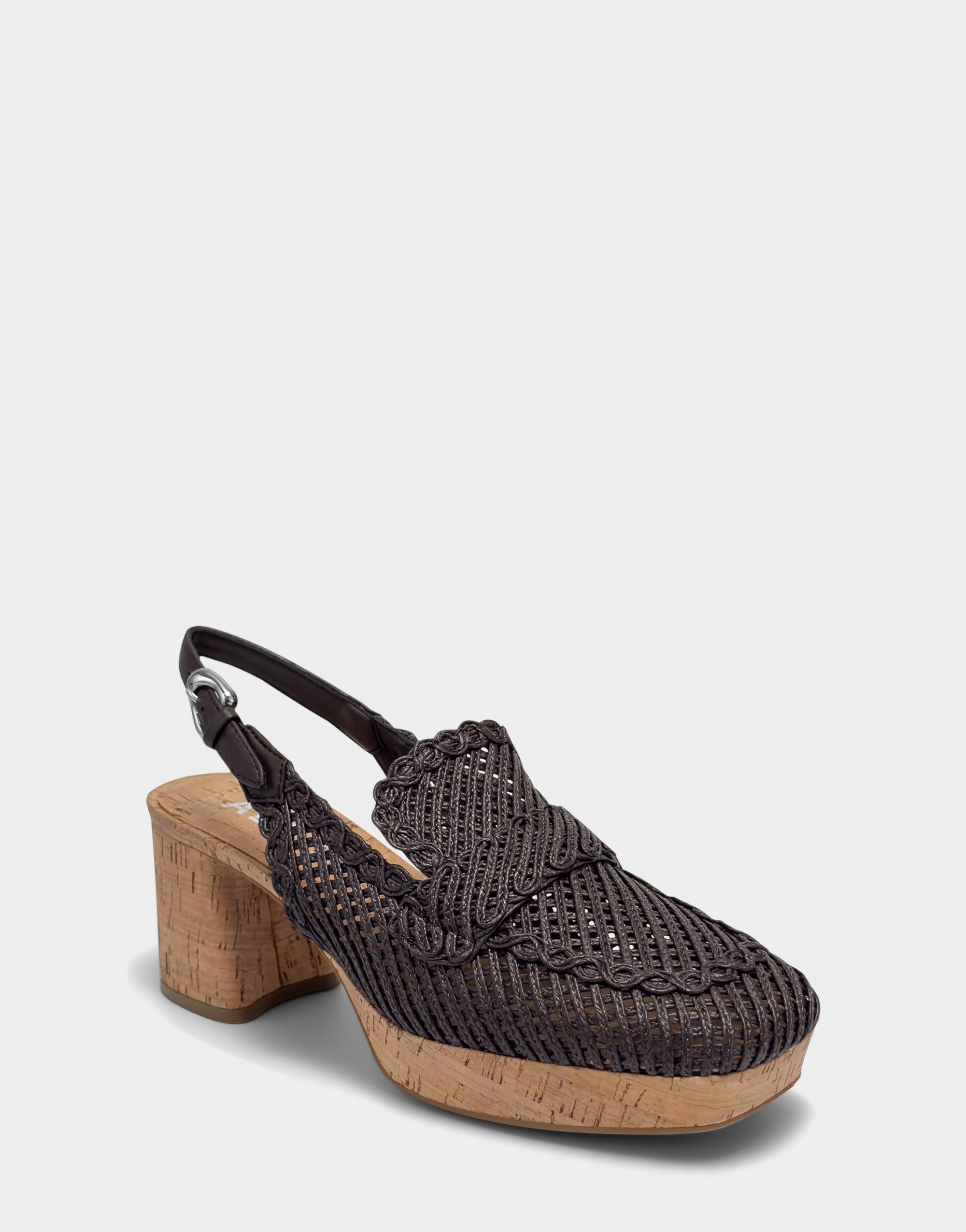 Santina Platform Slingback Loafer In Dark Brown Embroidered Natural Raffia