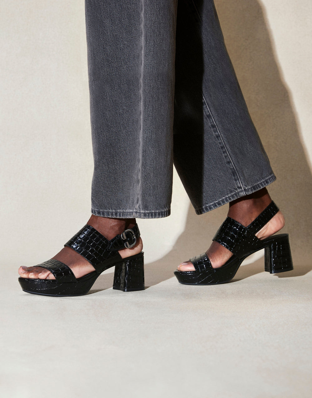 Comfortable Women's Platform Sandal in Black Jelly Croco Black Croco Faux Leather