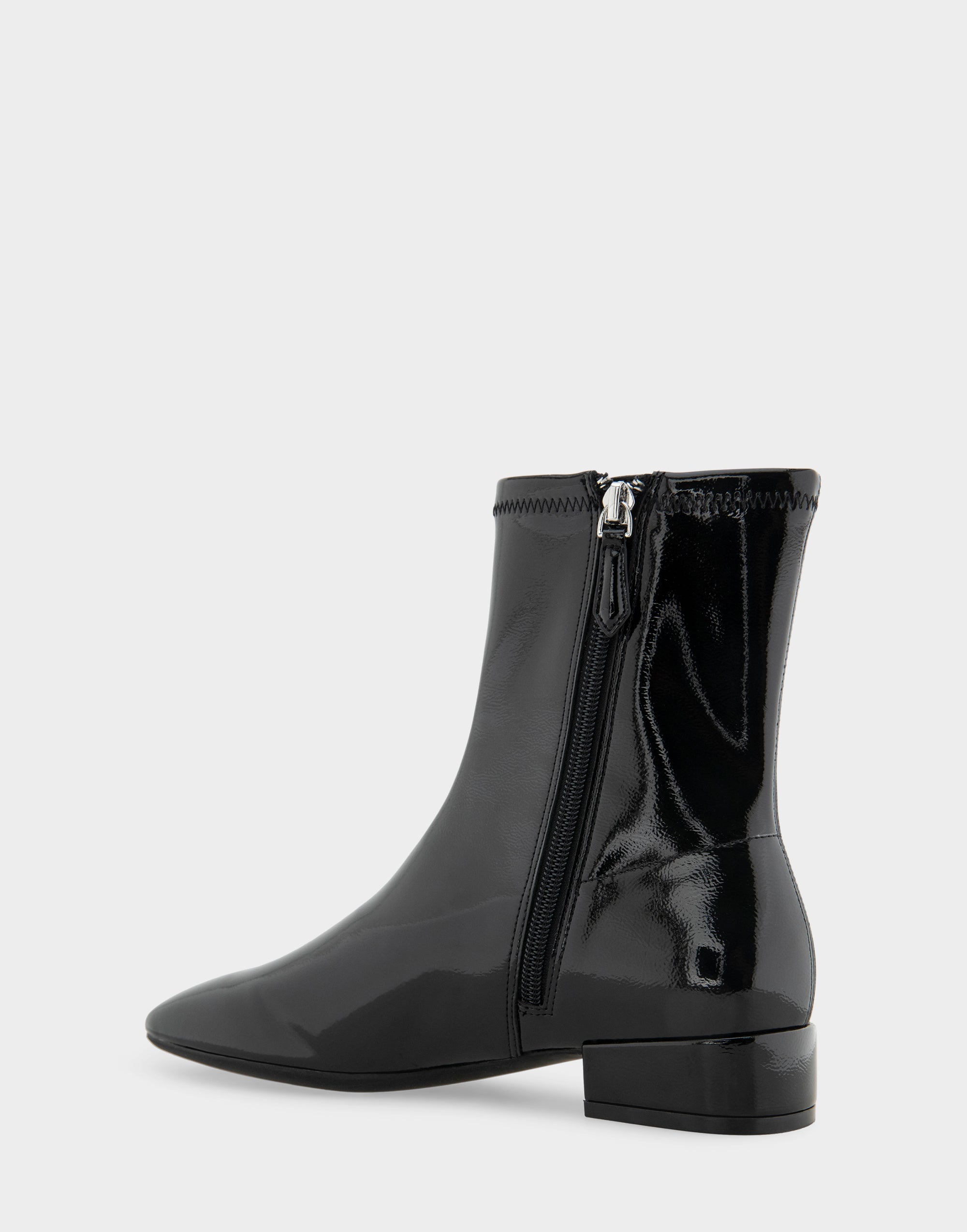 Comfortable Women's Low Block Heel Bootie In Black Patent Faux Leather