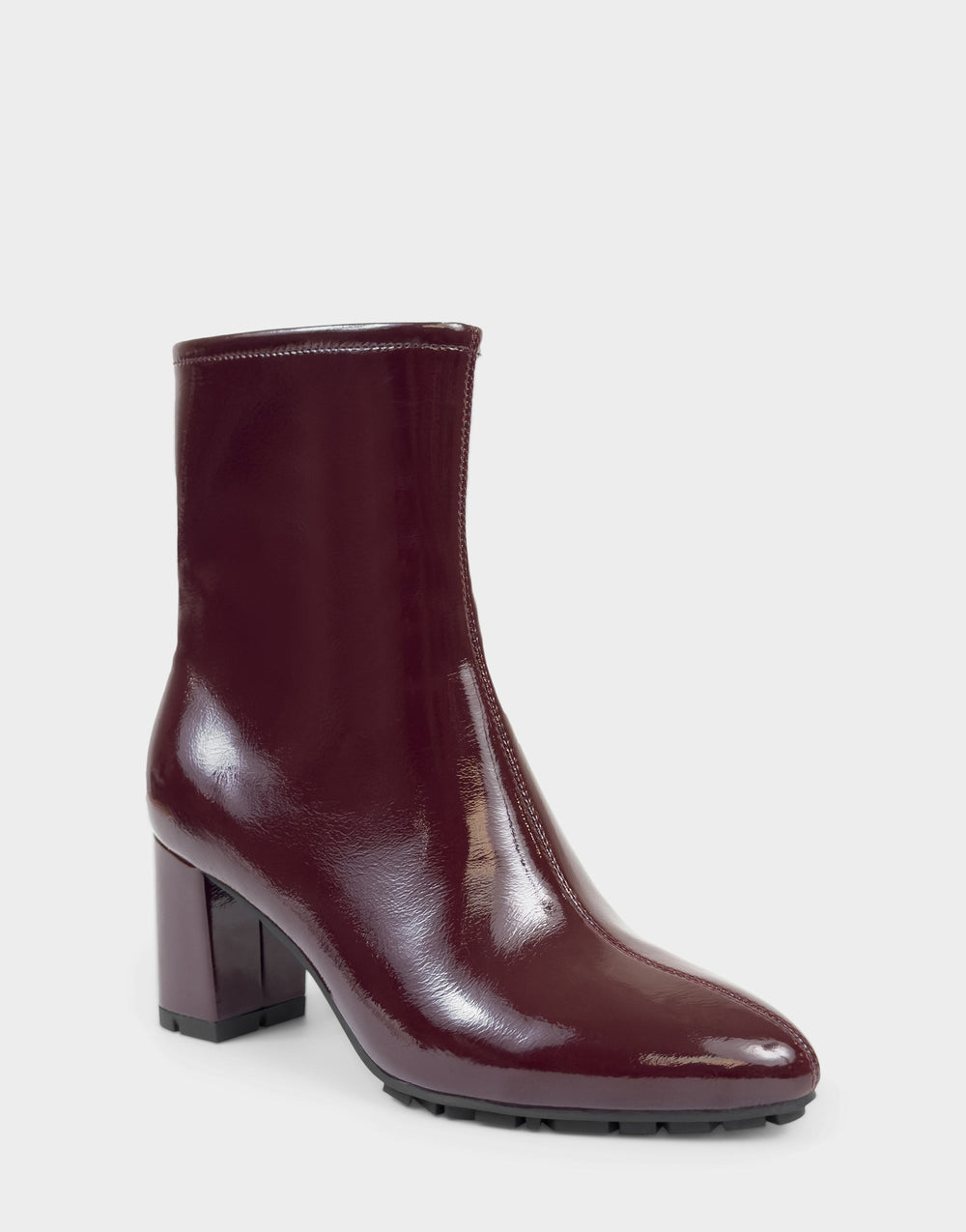Comfortable Women's Mid Block Heel Bootie In Burgundy Patent Faux Leather