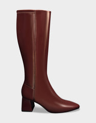 Comfortable Women's Mid Block Heel Boot In Burgundy Patent Faux Leather
