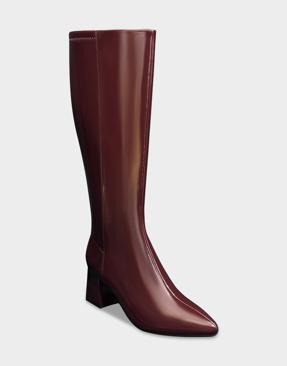 Comfortable Women's Mid Block Heel Boot In Burgundy Patent Faux Leather