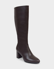 Comfortable Women's Mid Block Heel Boot In Brown Faux Leather